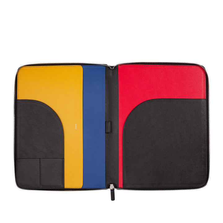 Open leather portfolio with colorful interior pockets in yellow, blue, red, and black