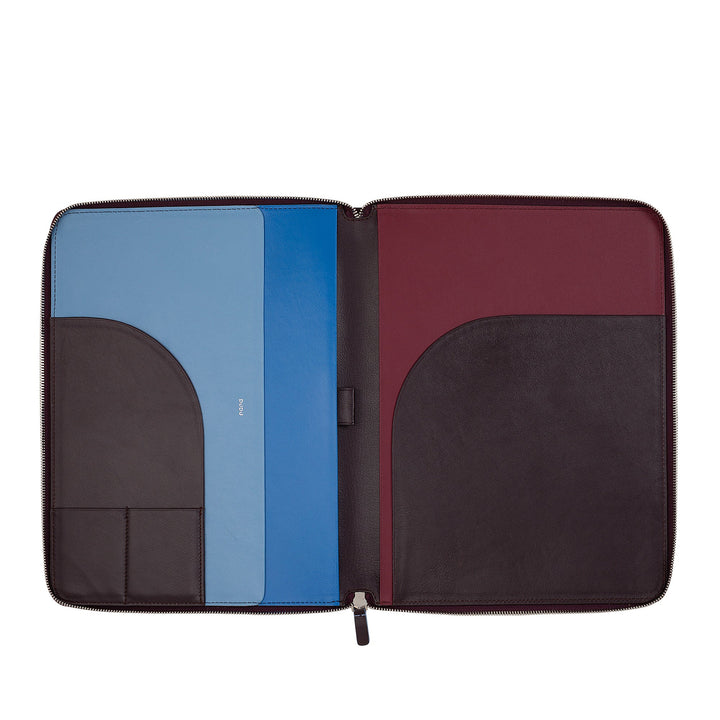 Open leather portfolio with blue and burgundy sections, interior pockets, and zipper closure