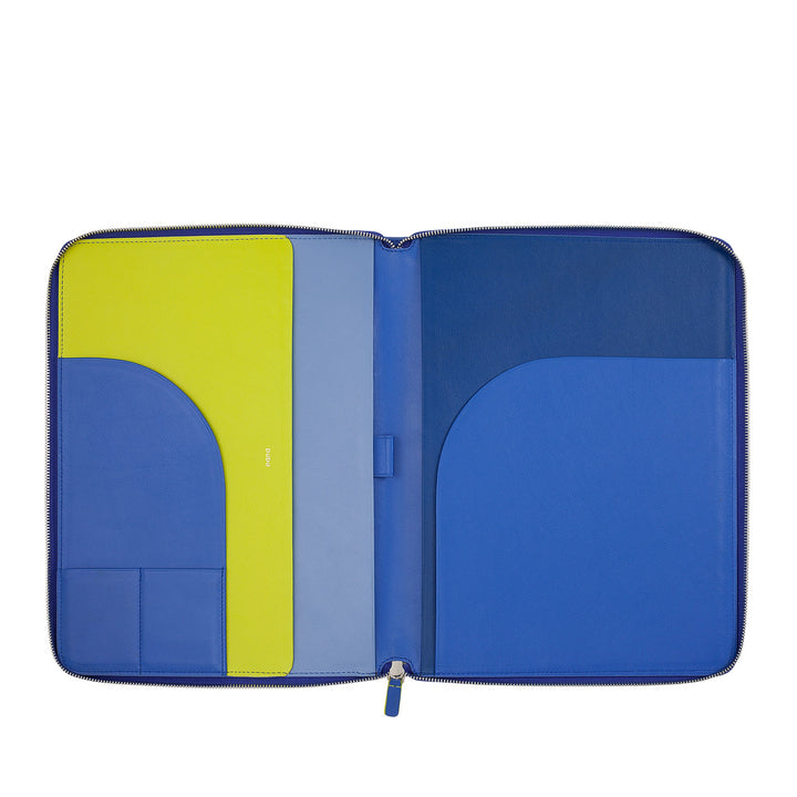 Open leather portfolio with colorful blue, yellow, and green interior pockets and zipper closure