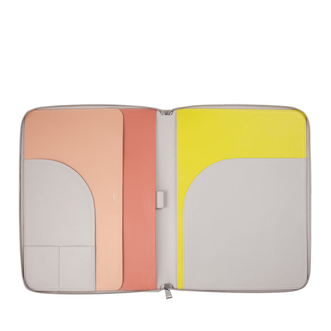 Open leather portfolio with colorful interior pockets in grey, pink, and yellow