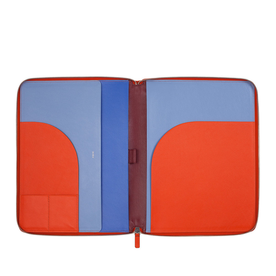 Open colorful leather portfolio with multiple sections and pockets