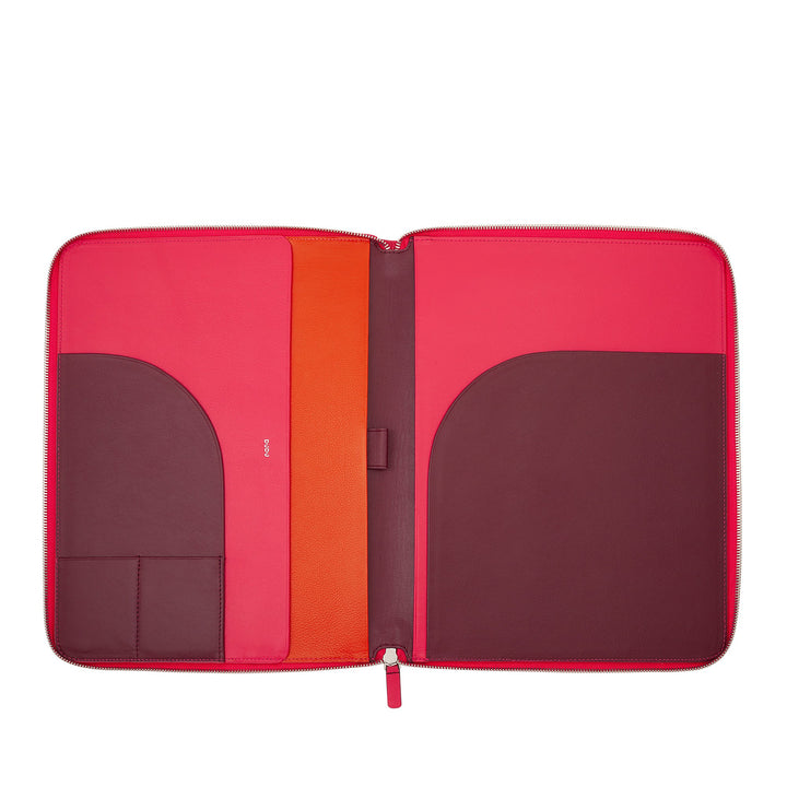 Open red leather portfolio binder with pockets and zippered closure