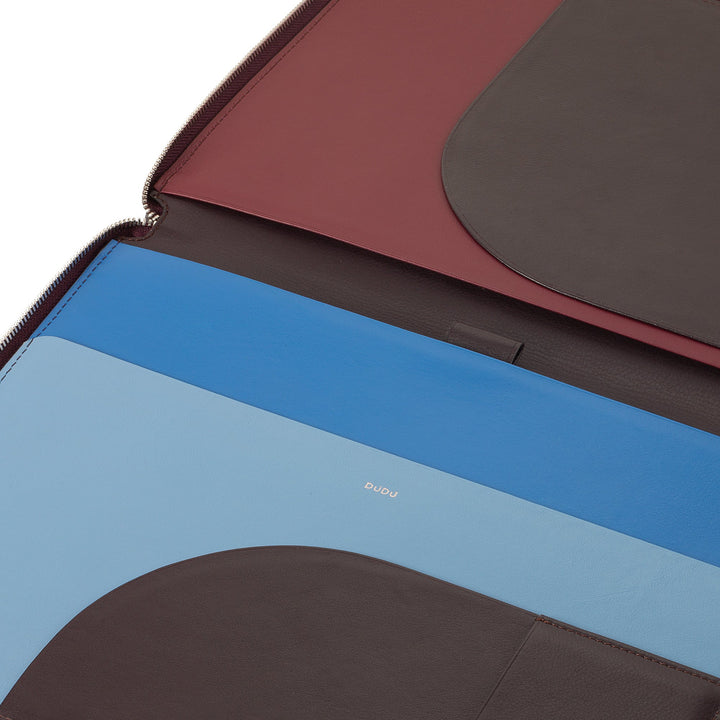 Leather portfolio with multiple colored folders and zipper closure