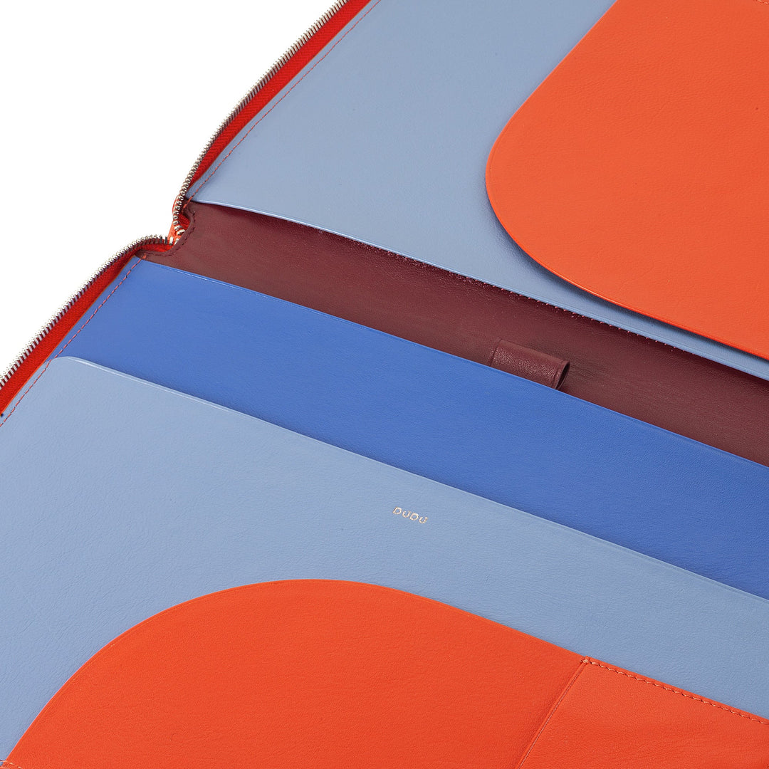 Colorful leather folder with blue, orange, and light purple sections inside