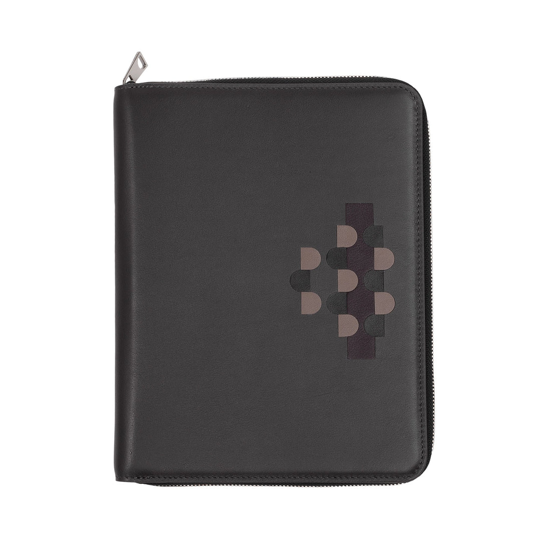 Black leather zippered portfolio with geometric design pattern