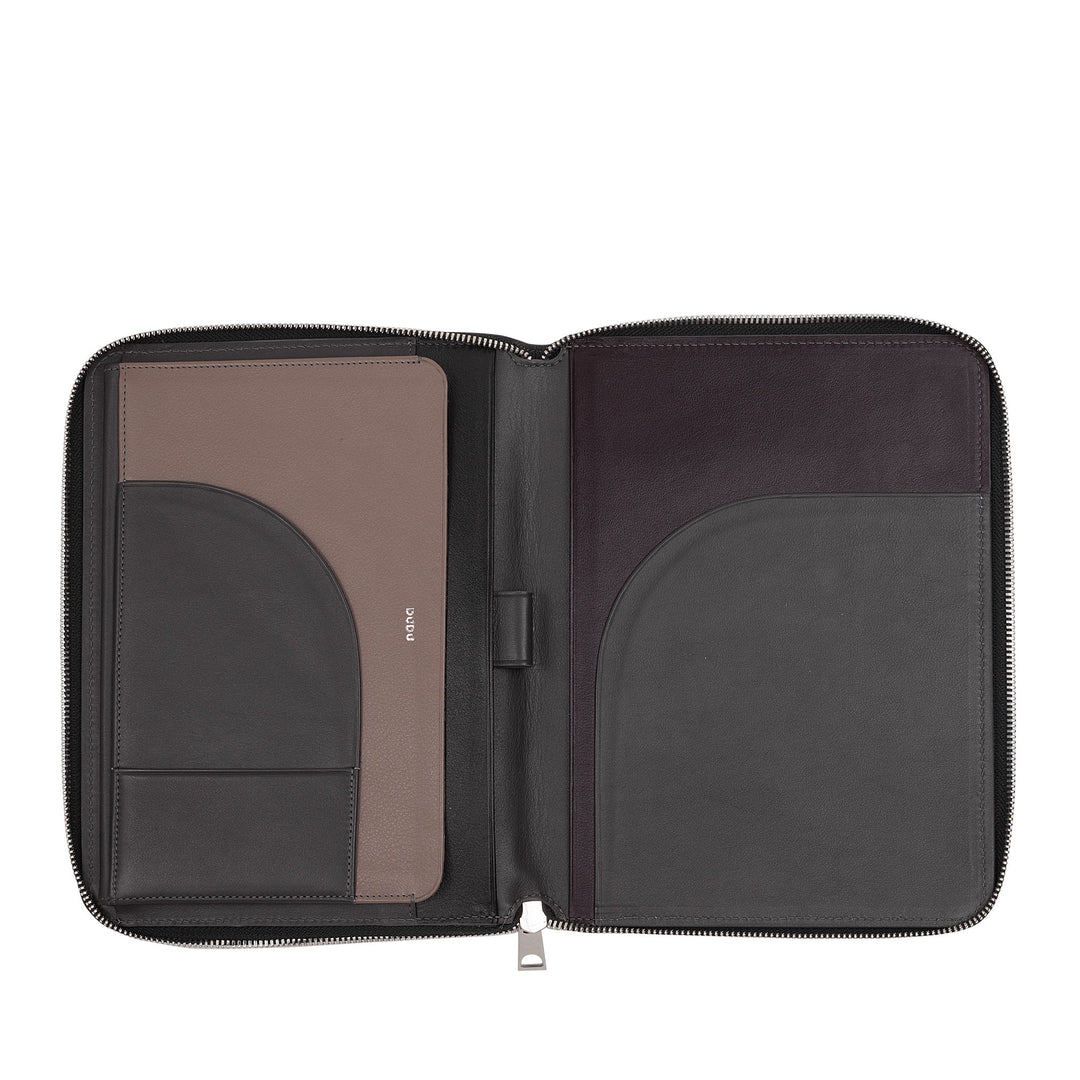 Open leather portfolio with multiple compartments and zipper closure