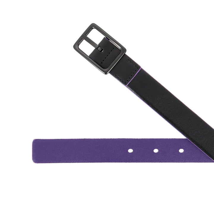 Black and purple leather belt with metal buckle on white background