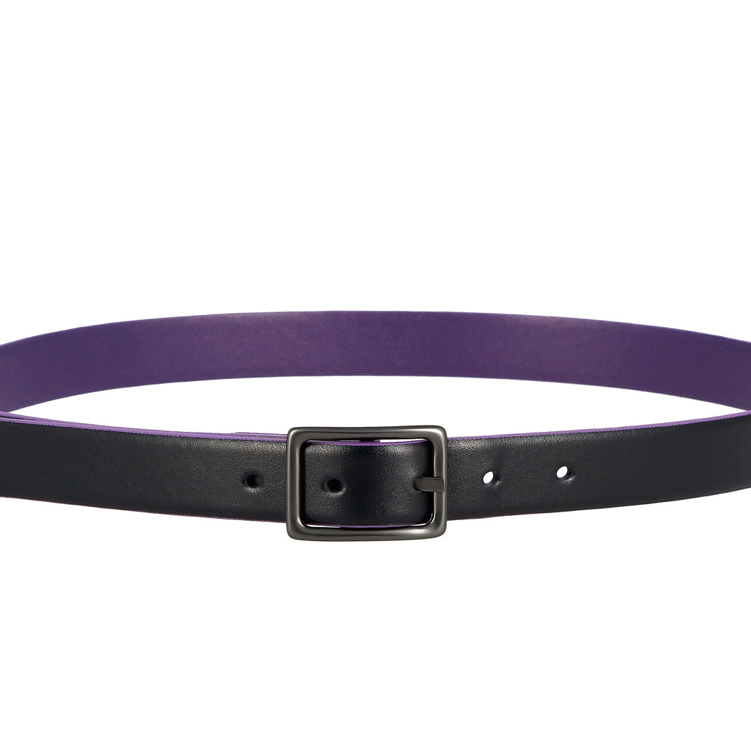 Black leather belt with purple lining and silver buckle