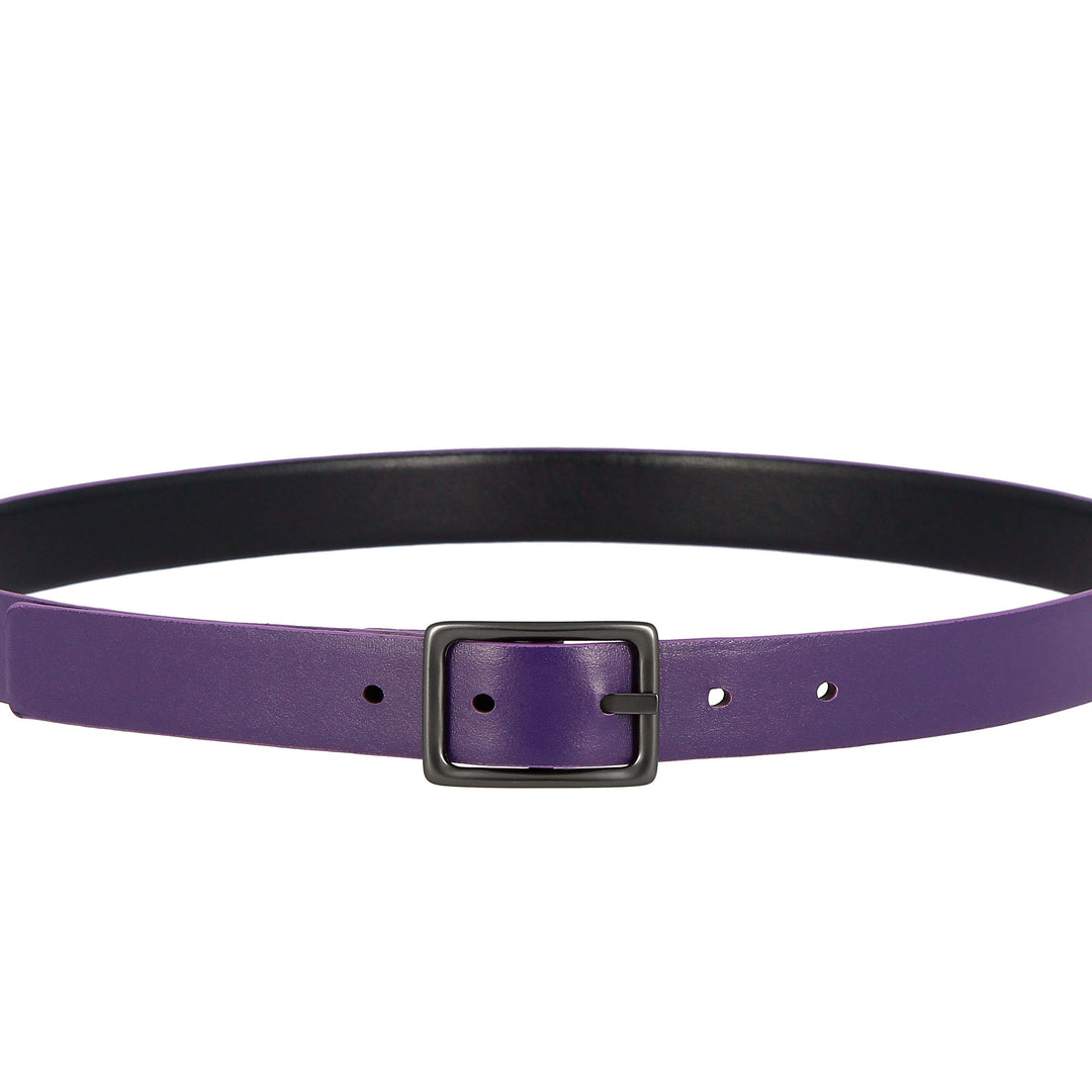 Purple leather belt with a black buckle and adjustable holes
