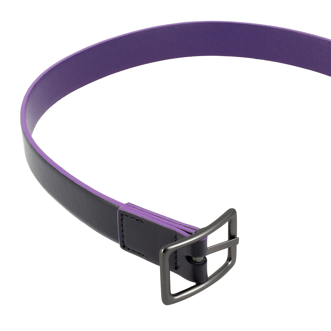 Two-tone purple and black leather belt with a metal buckle