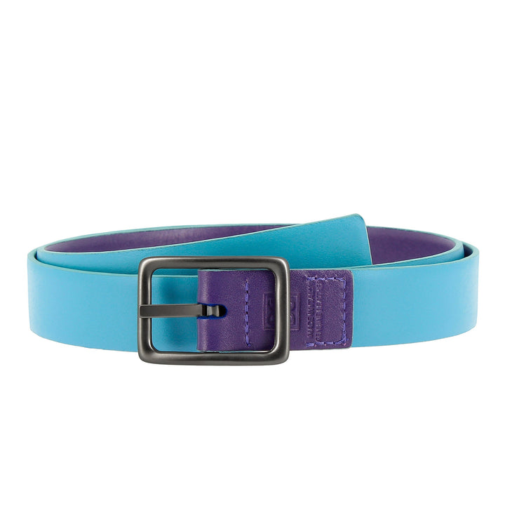 Blue leather belt with a purple interior and a black buckle