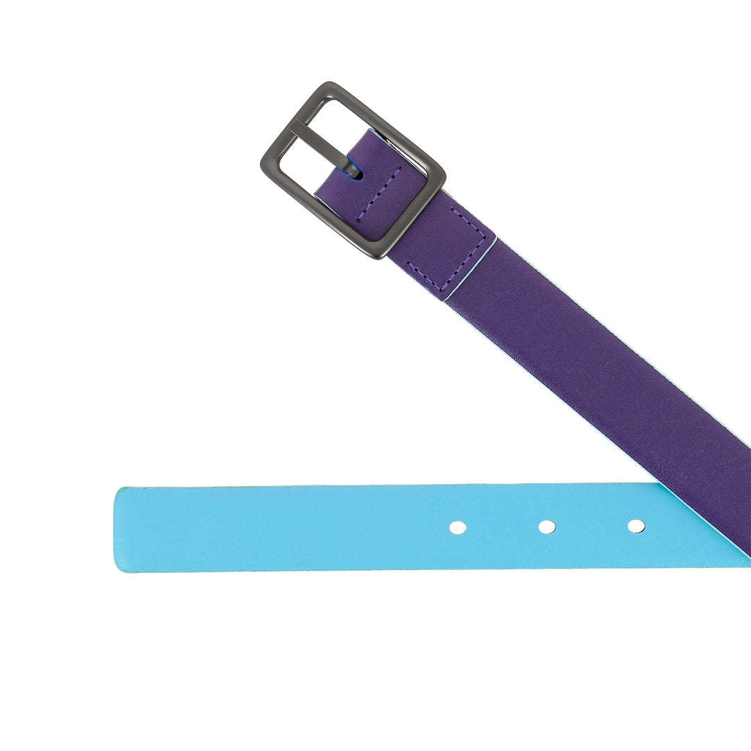 Blue and purple reversible leather belt with black buckle