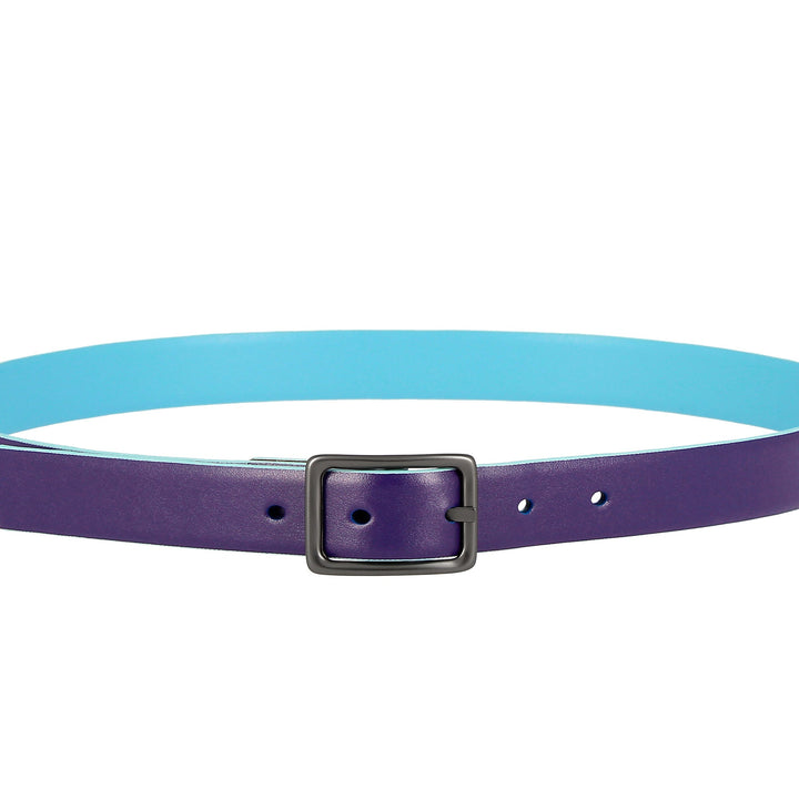 Purple and blue reversible leather belt with black buckle