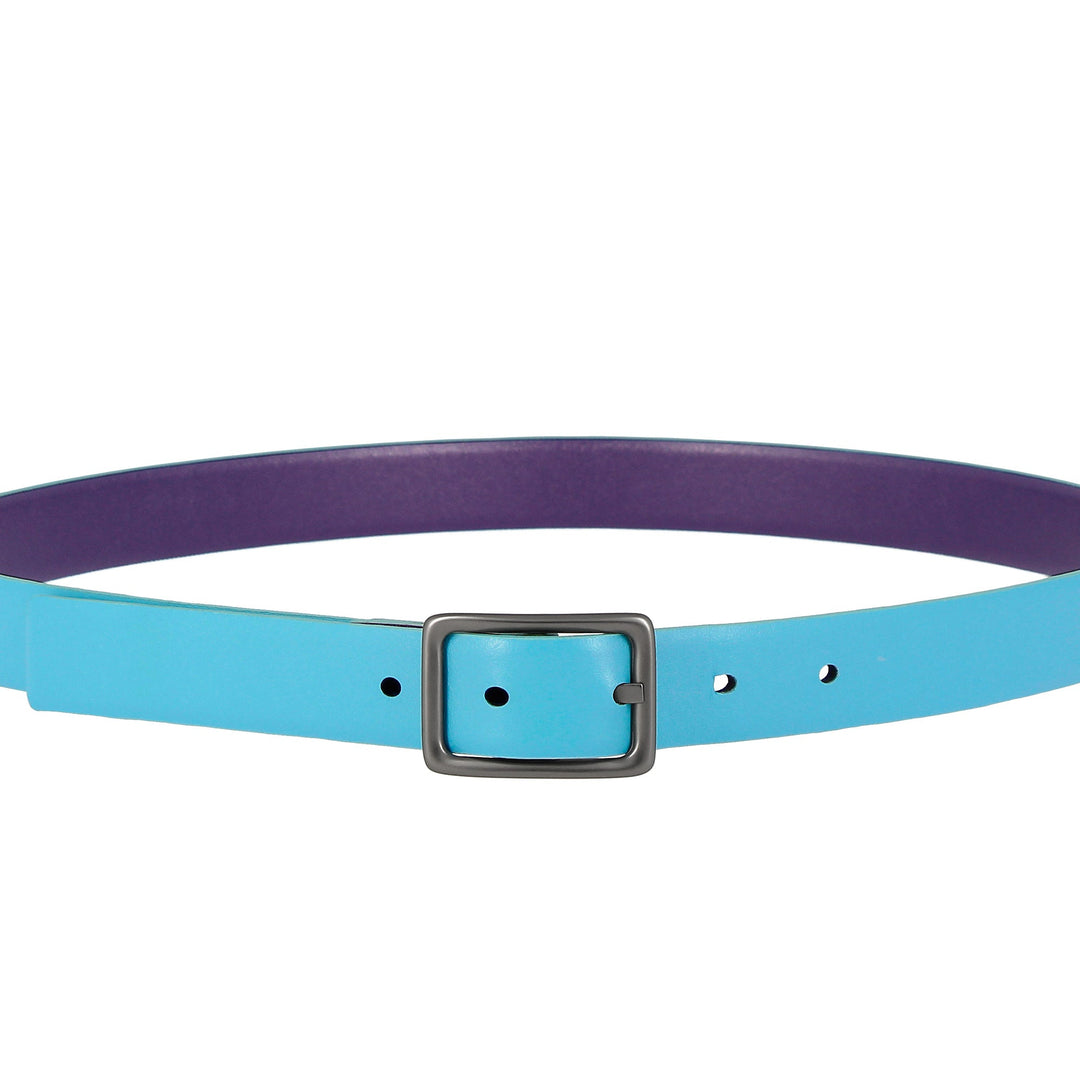 Two-tone blue and purple leather belt with a metal buckle
