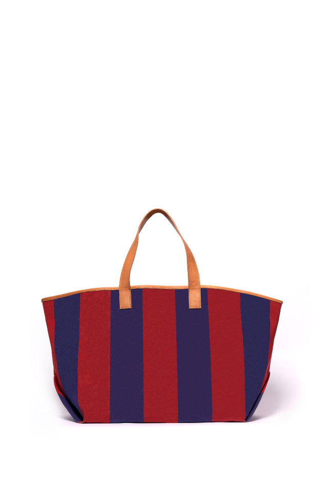 Colorful striped tote bag with leather handles