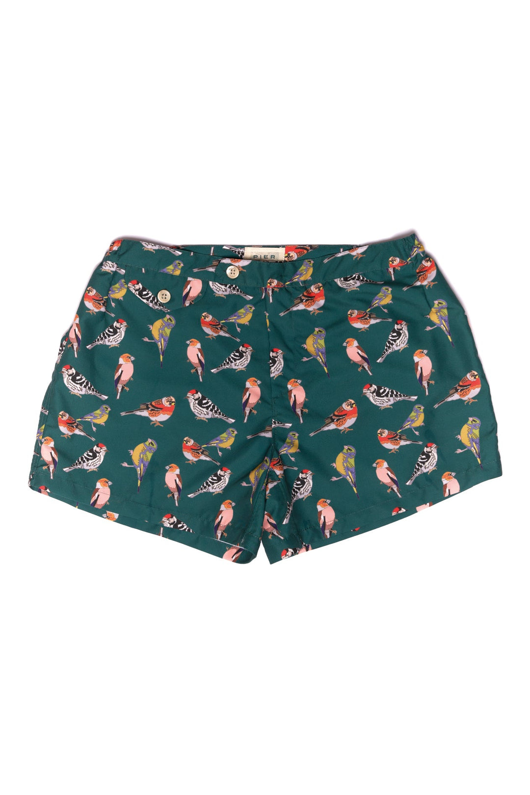 Green shorts with colorful bird print design