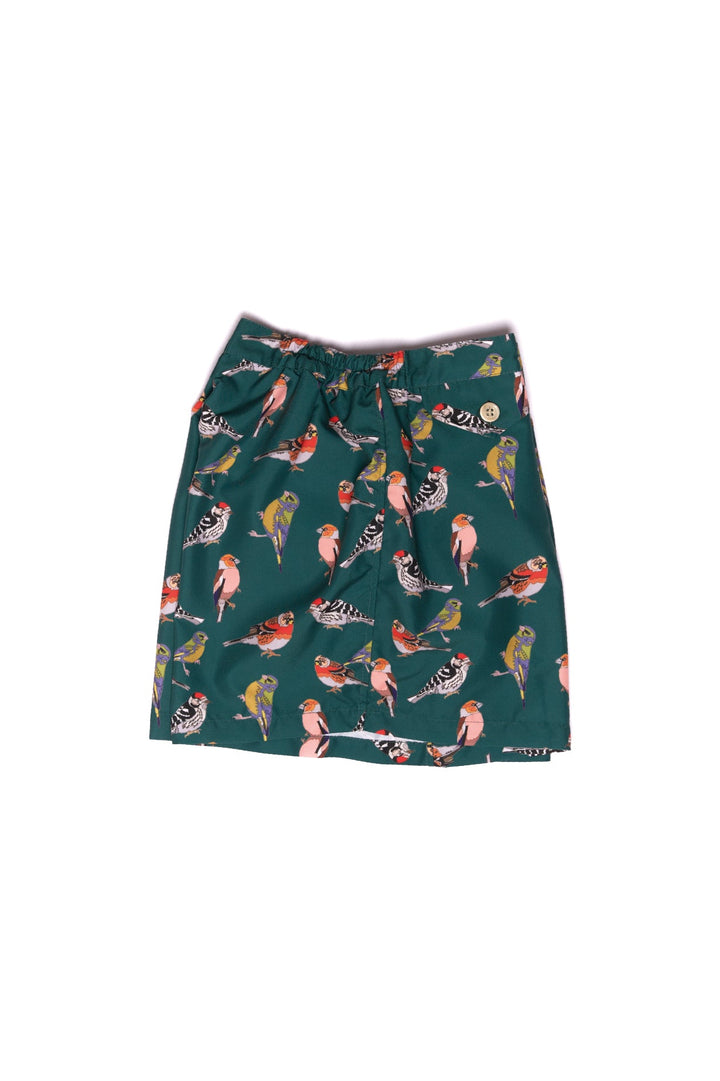 Men's green shorts with colorful bird print