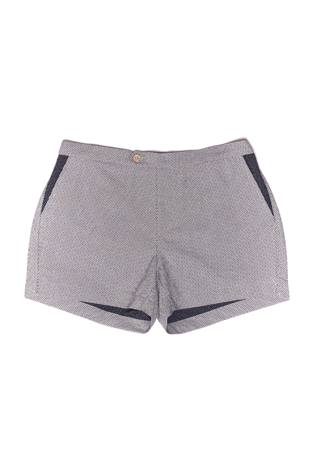 Grey and white patterned women's shorts with black side pockets