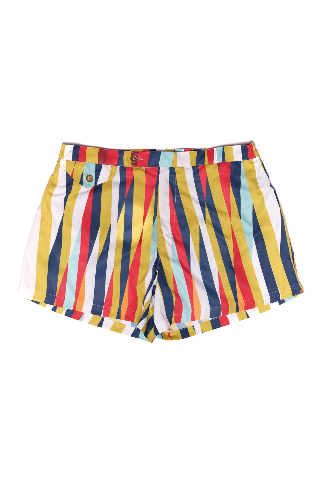 Colorful striped shorts with front pocket and button detail