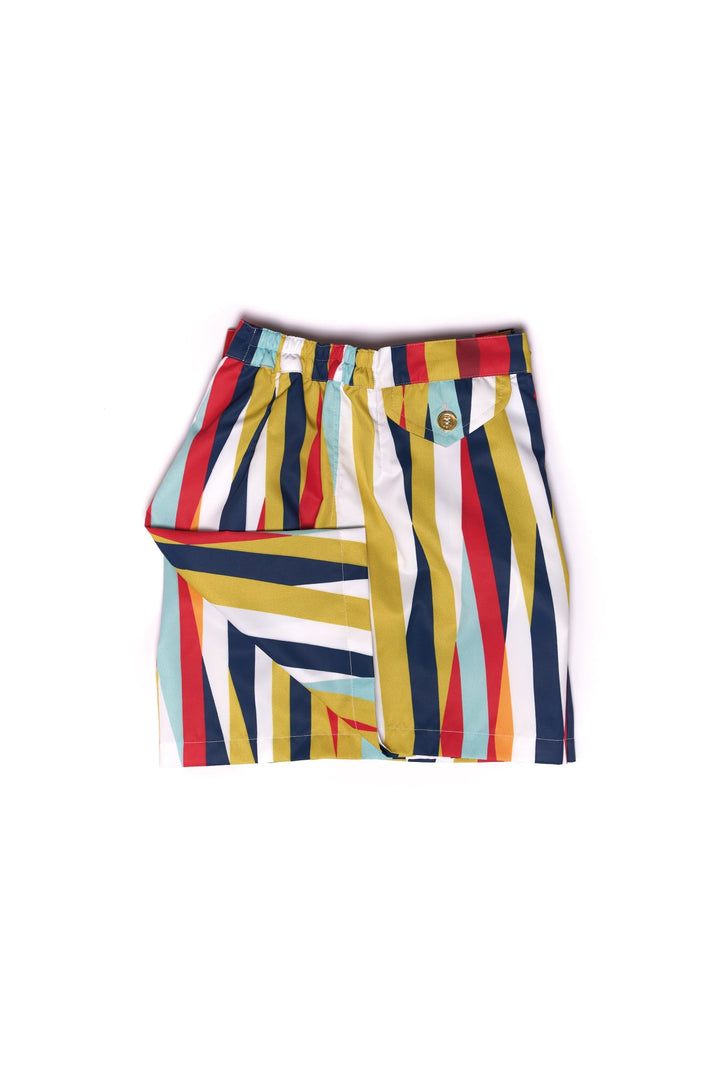 Striped colorful shorts with yellow, red, blue, and white vertical patterns