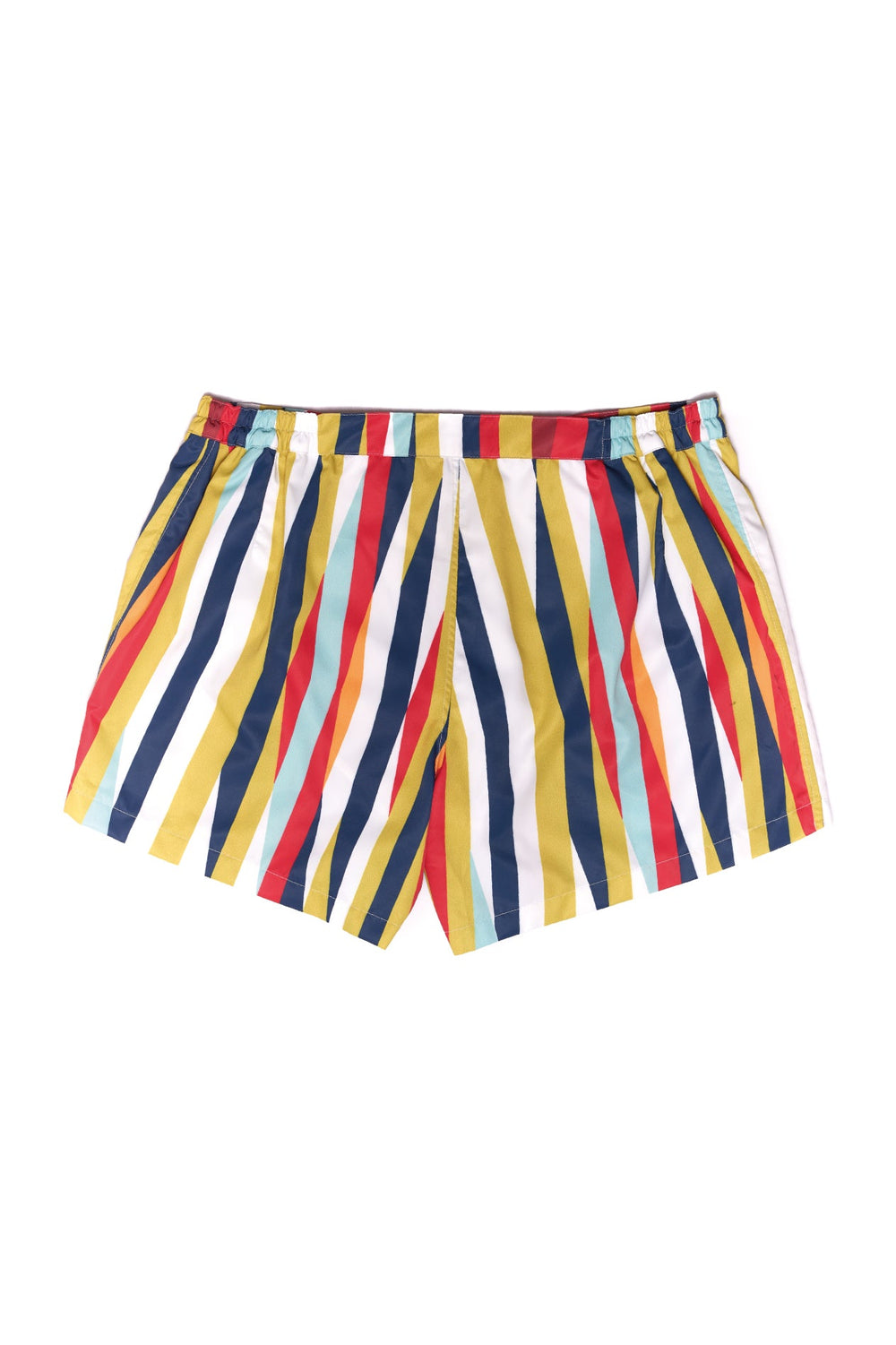 Colorful striped men's shorts with vertical multicolored stripes on a white background