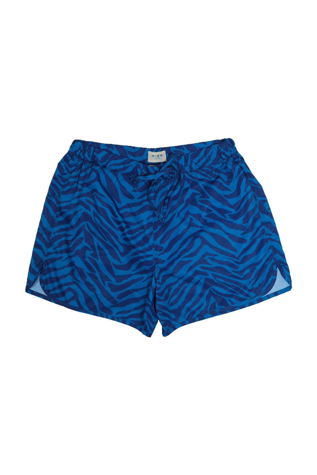Blue and black zebra print men's swim trunks