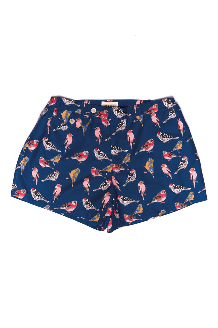 Colorful bird patterned men's blue swim trunks