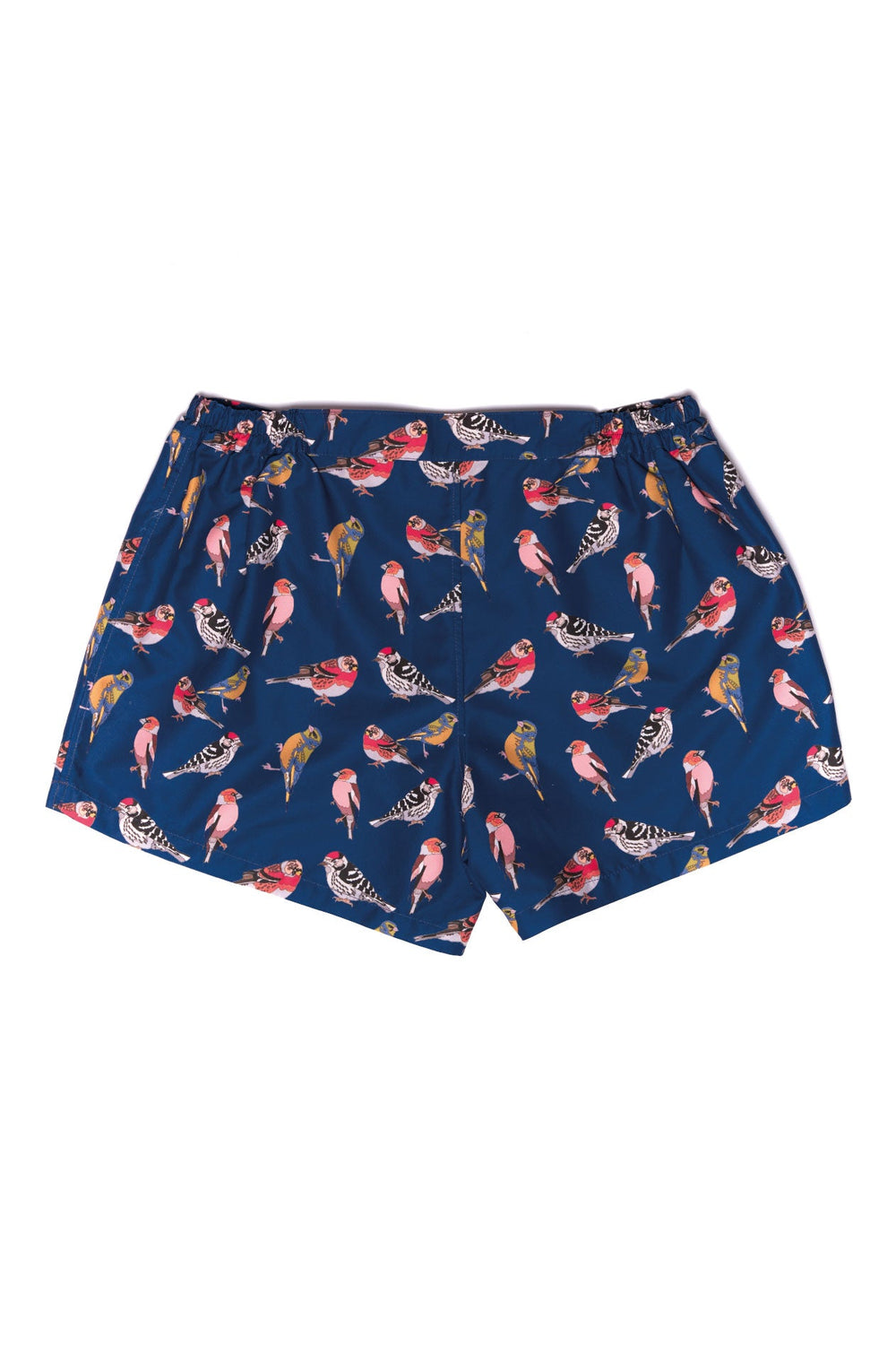 Men's navy blue shorts with colorful bird print