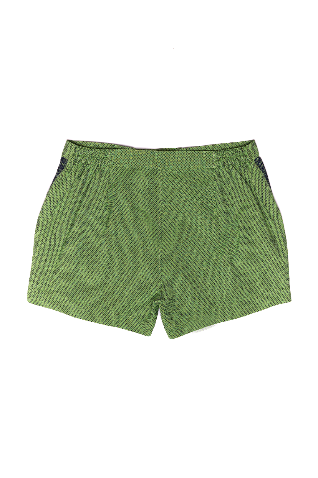 Green sports shorts with black accents and elastic waistband