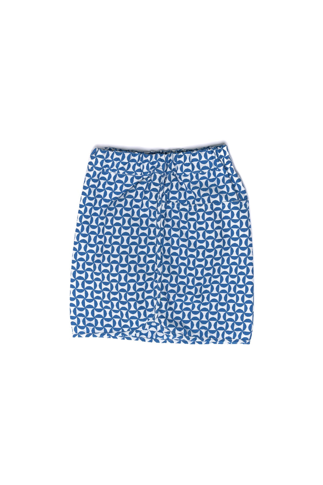 Blue and white geometric print skirt on a white background