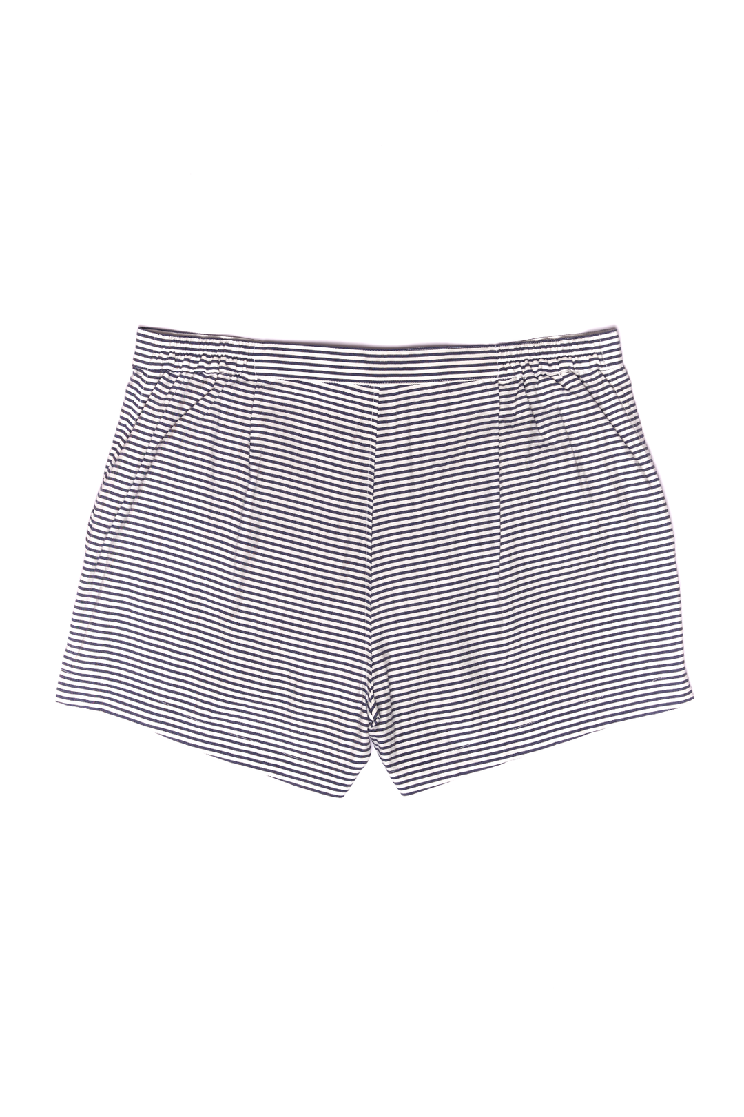 White and black striped women's shorts displayed on a white background