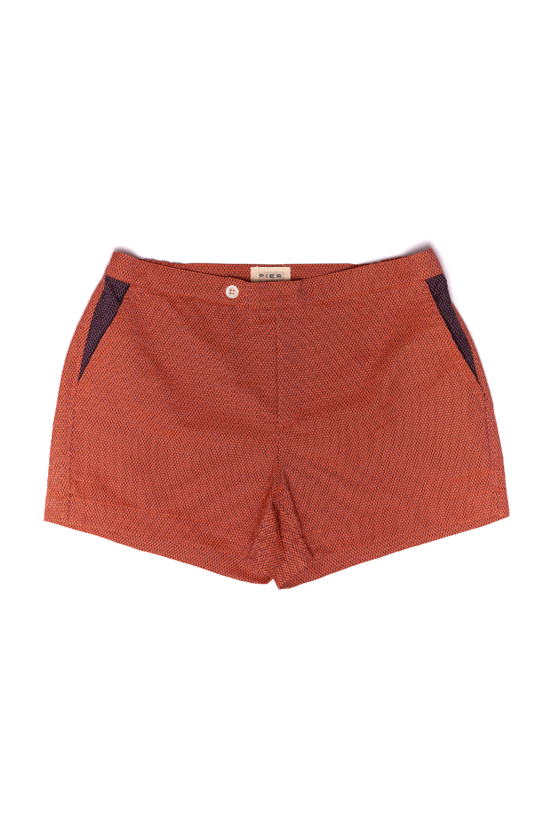 Red patterned men's shorts with button detail and side pockets