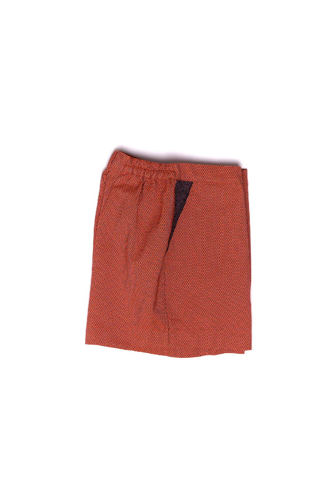 Folded red patterned shorts with drawstring