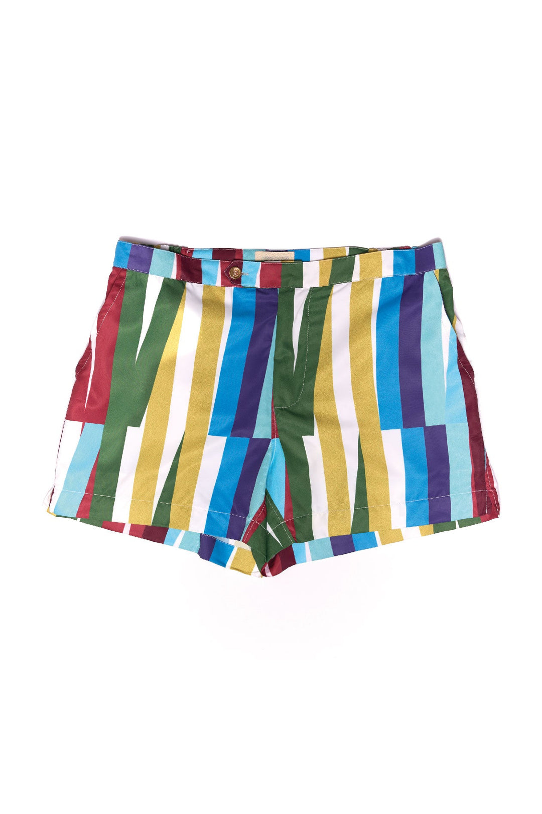 Multi-colored striped shorts with vertical patterns on a white background
