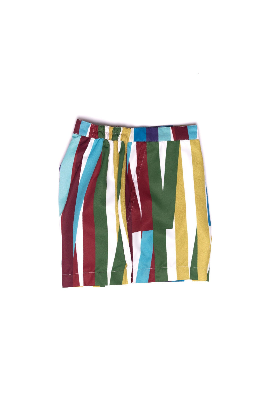 Colorful striped men's swim trunks on a white background