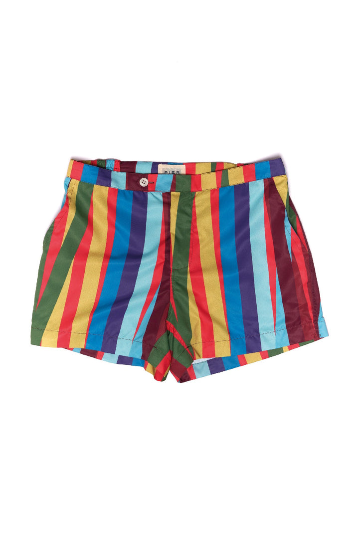 Colorful striped men's shorts on a white background