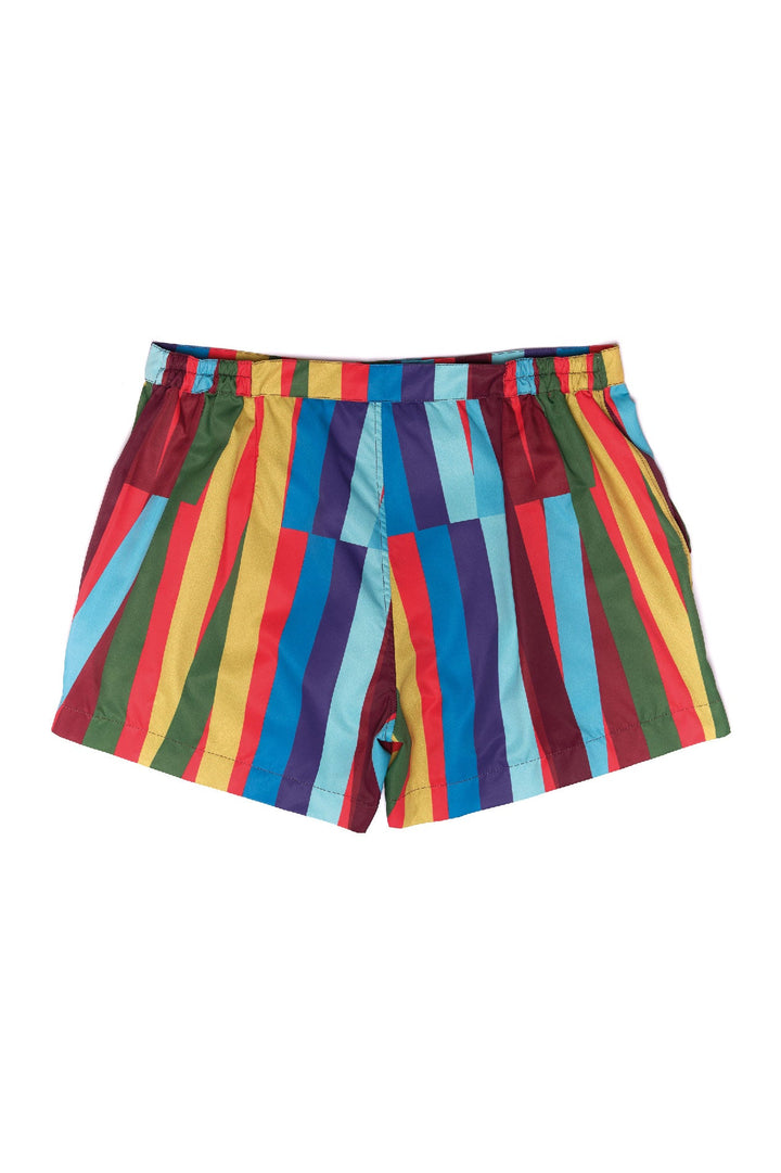 Colorful striped shorts with vertical rainbow pattern on white background