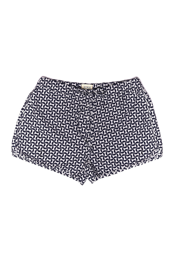 Stylish navy and white patterned men's shorts with drawstring waistband