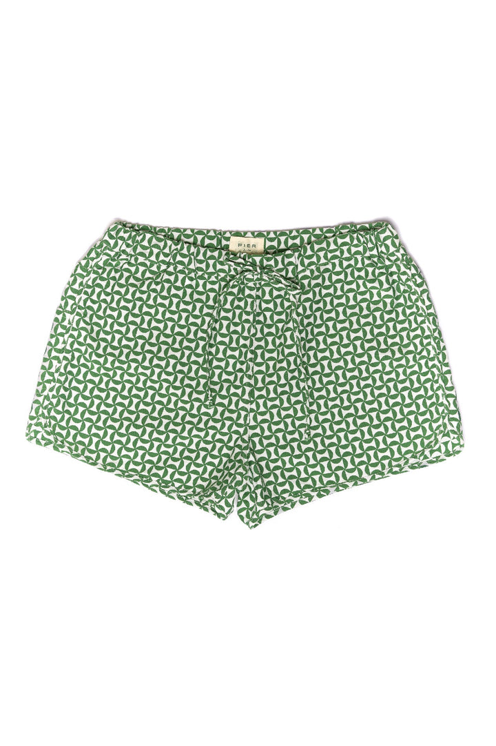 Green patterned shorts with drawstring waist, flat lay image