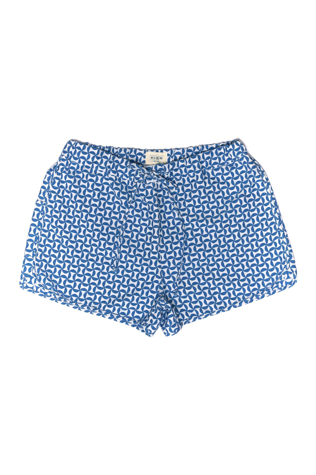 Blue and white geometric patterned men's swim shorts