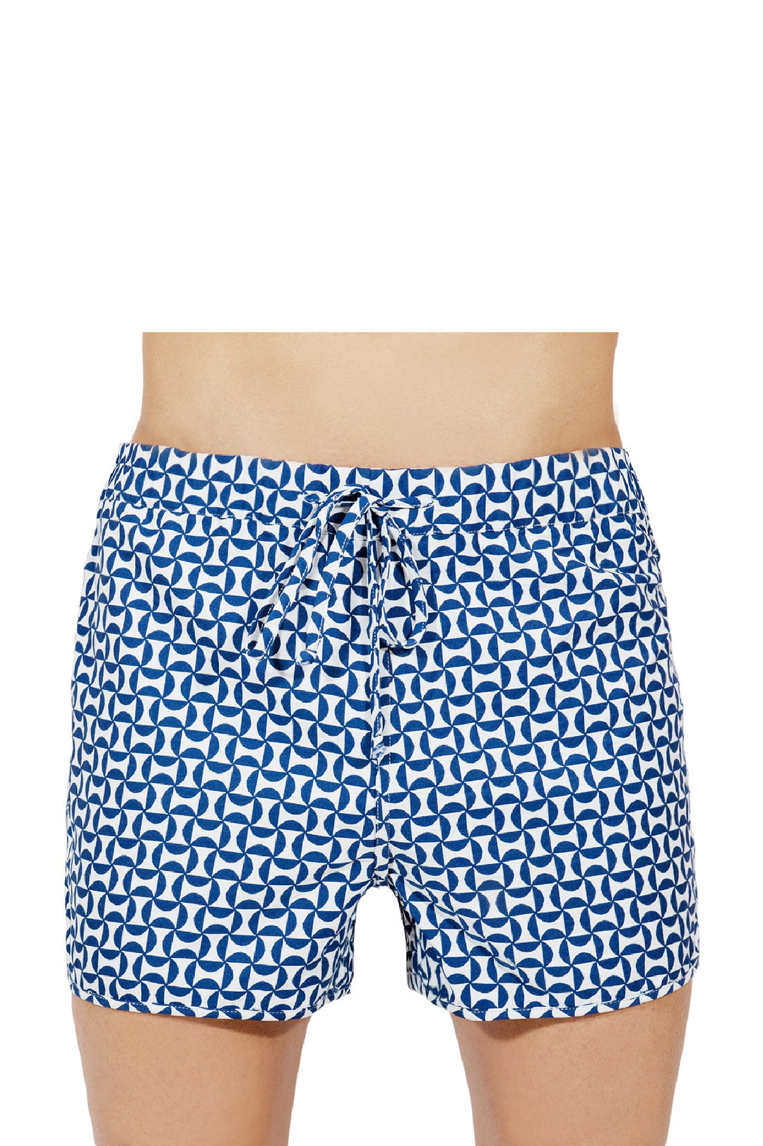 Blue and white patterned shorts with drawstring front