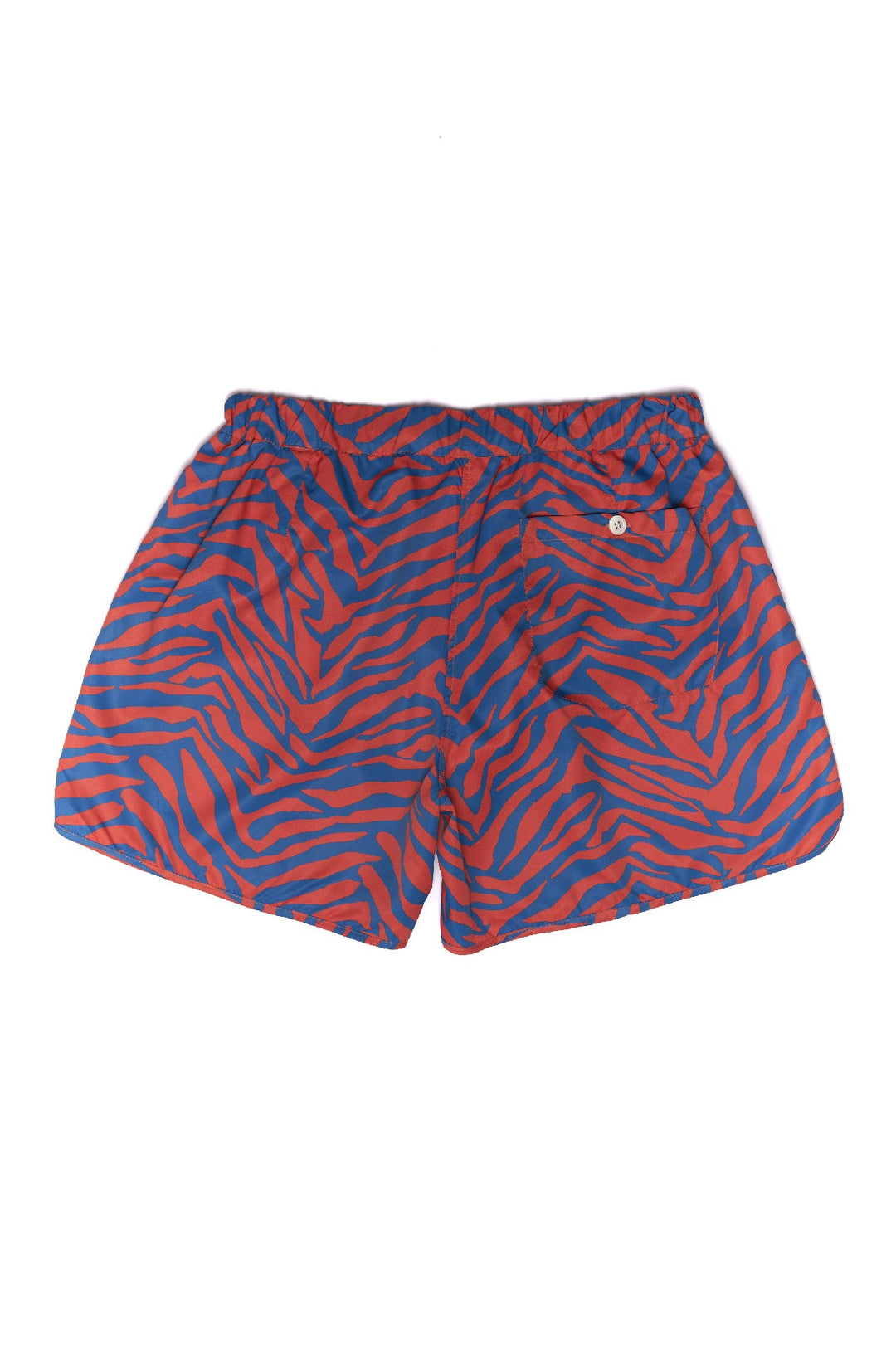 Red and blue zebra print swim trunks