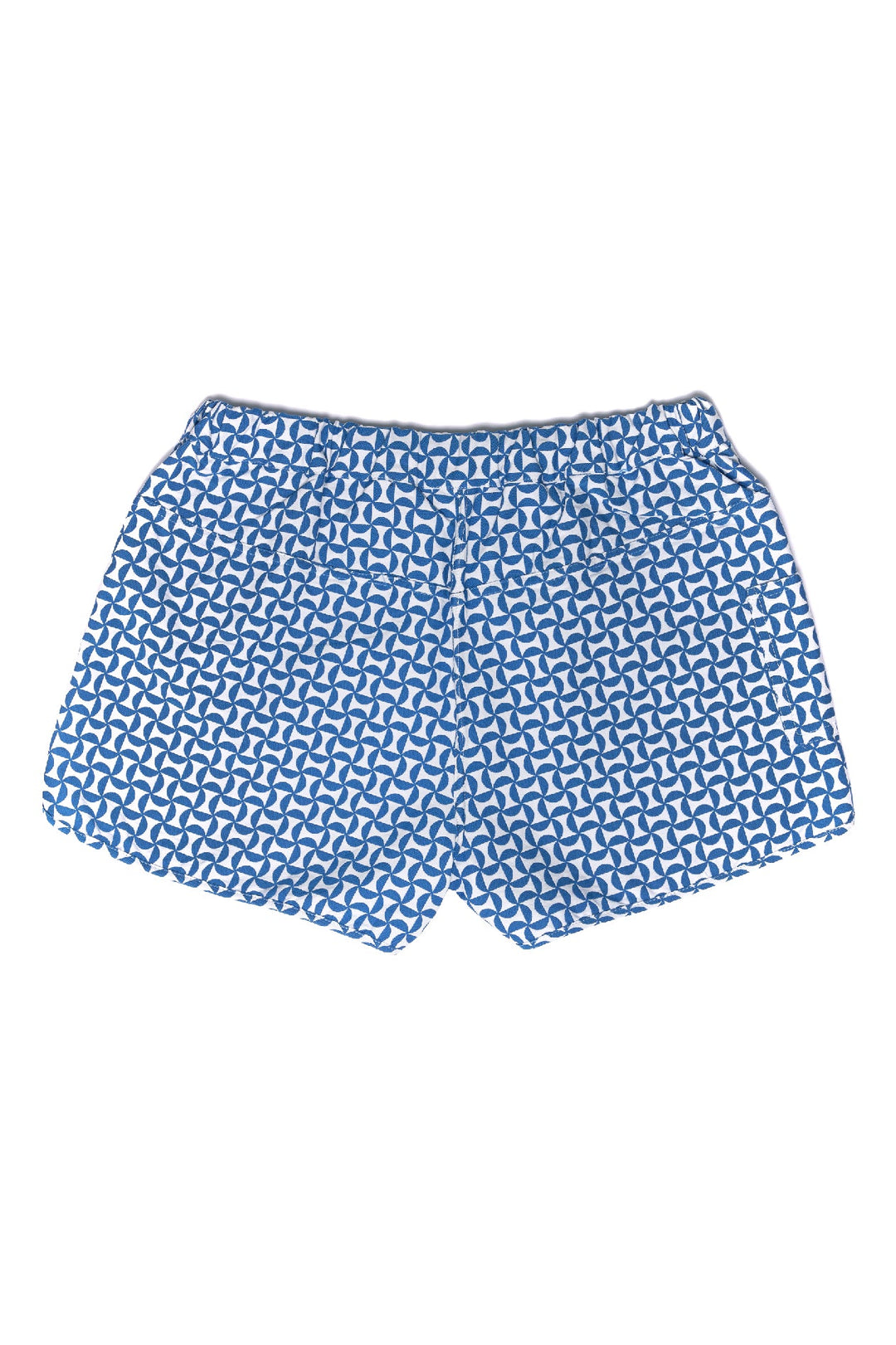 Blue and white geometric patterned men's swim shorts