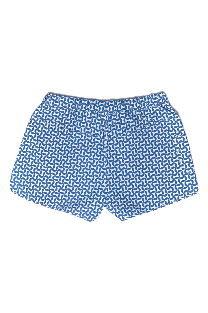 Blue and white geometric patterned men's swim shorts