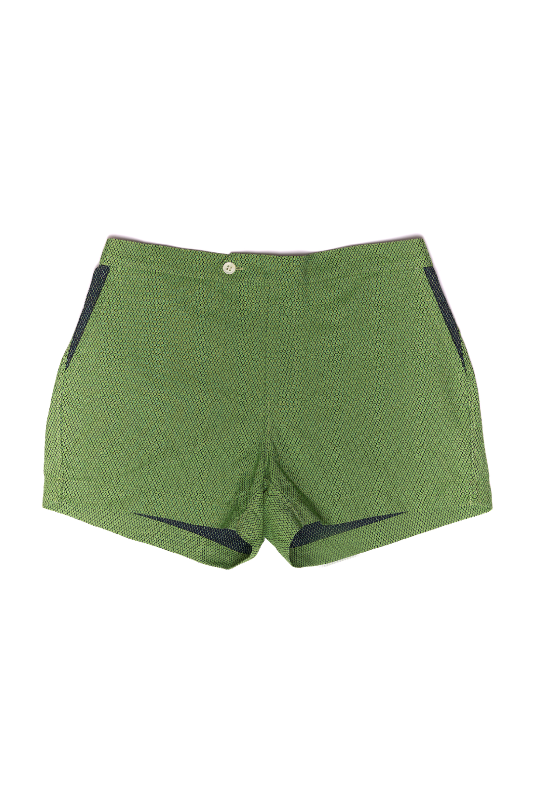 Green and black women's shorts with front pockets and button closure