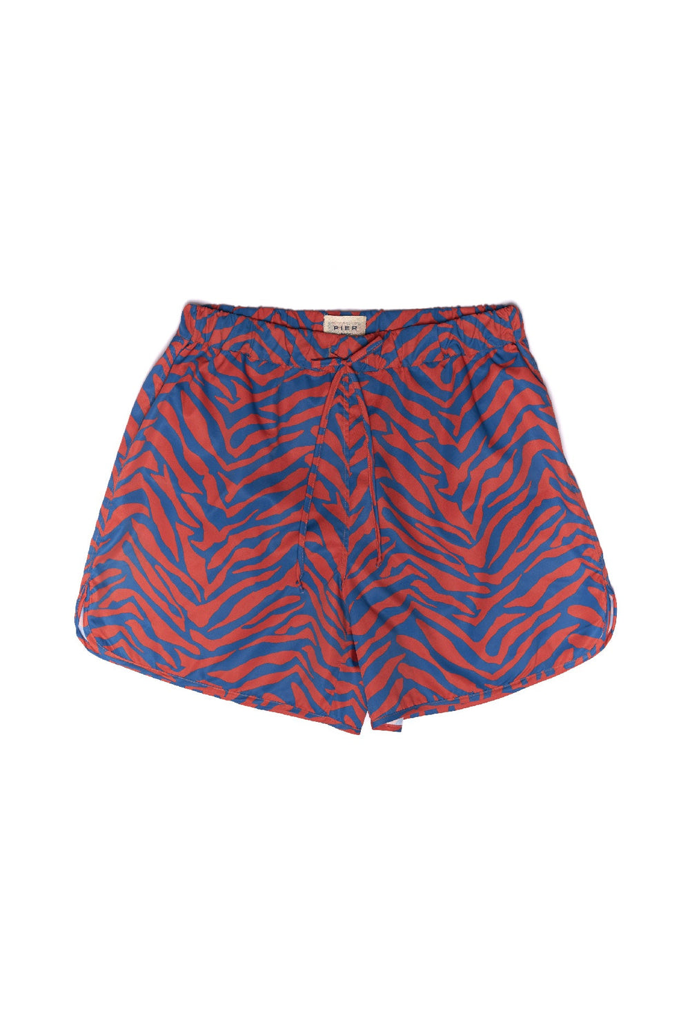 Red and blue zebra print shorts with elastic waistband