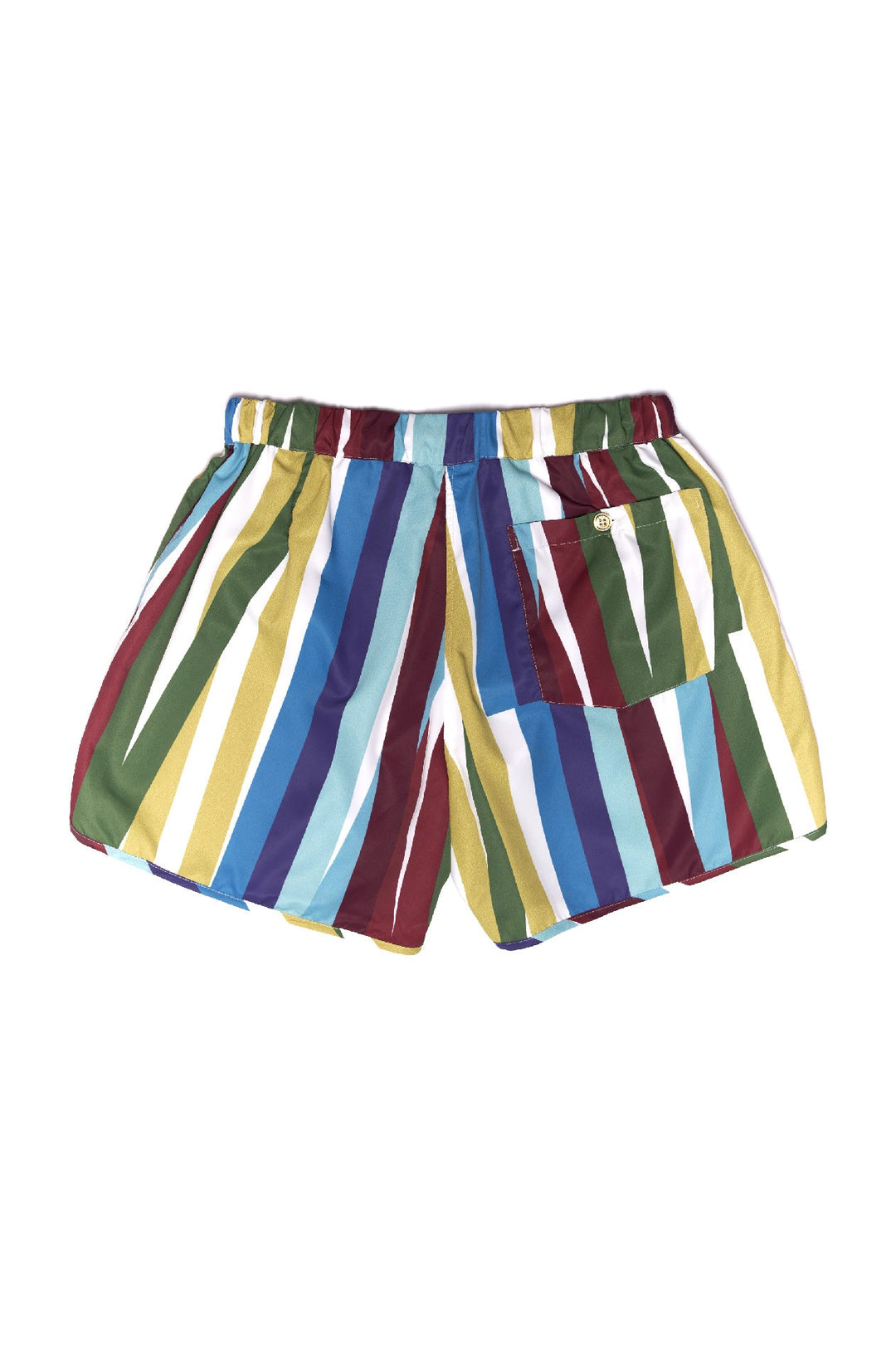 Colorful striped men's swim shorts with elastic waistband and back pocket