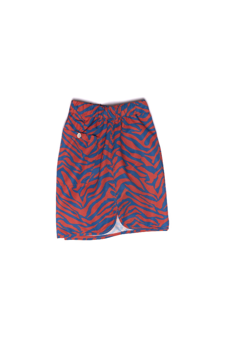 Red and blue zebra print beach shorts