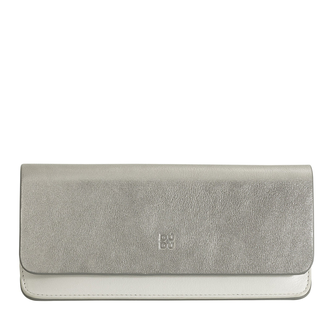 Silver leather clutch purse with logo and flap closure