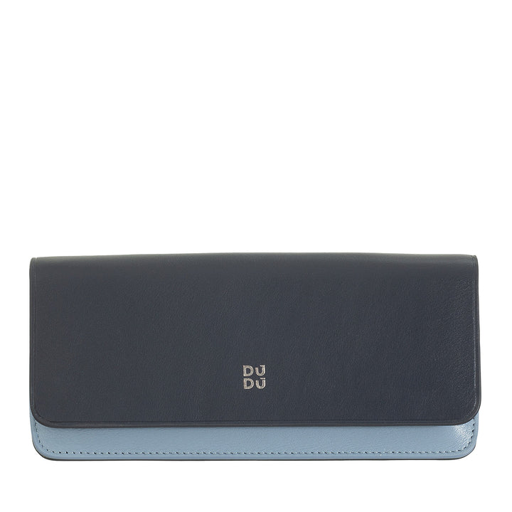 Elegant navy blue leather wallet with light blue accent and metallic logo